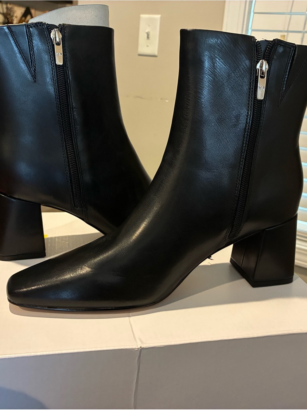 Marc Fisher Black Leather Square-Toe Ankle Boots with Block Heel
